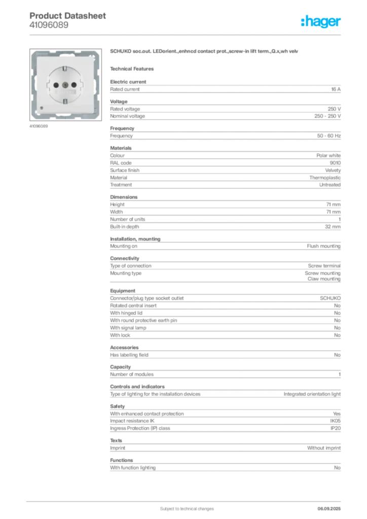 Image Hager Product data sheet 41096089  | Hager