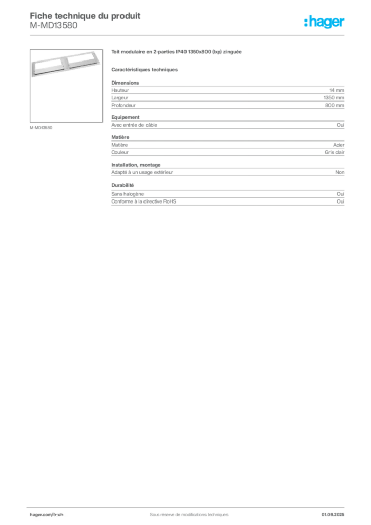 Image Hager Fiche technique du produit M-MD13580 | Hager Suisse