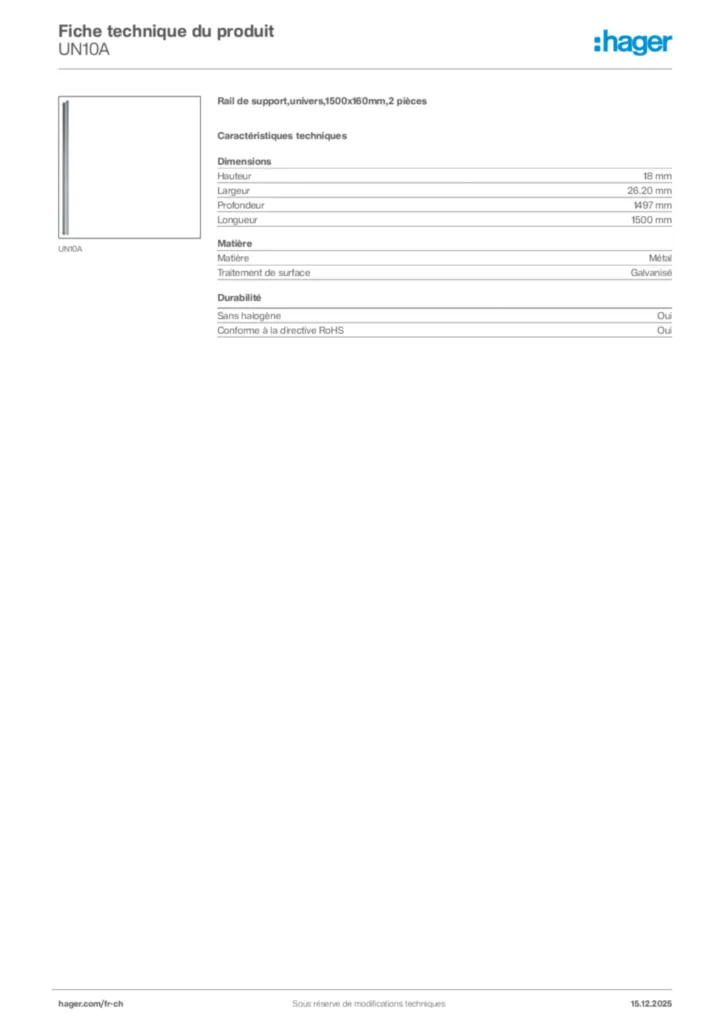 Image Hager Fiche technique du produit UN10A | Hager Suisse
