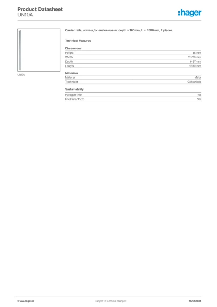 Image Hager Product data sheet UN10A  | Hager