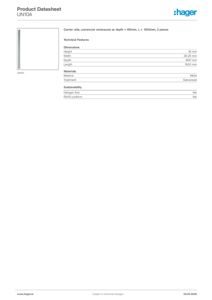 Image Hager Product data sheet UN10A  | Hager