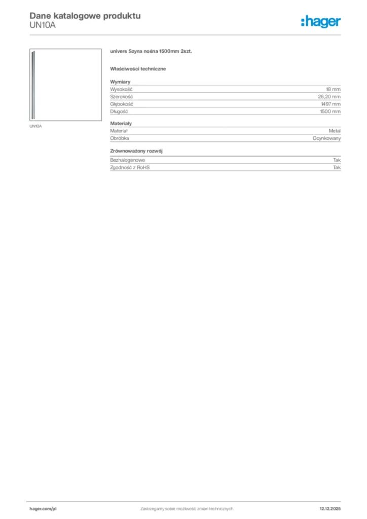 Zdjęcie Hager Dane katalogowe produktu UN10A | Hager Polska