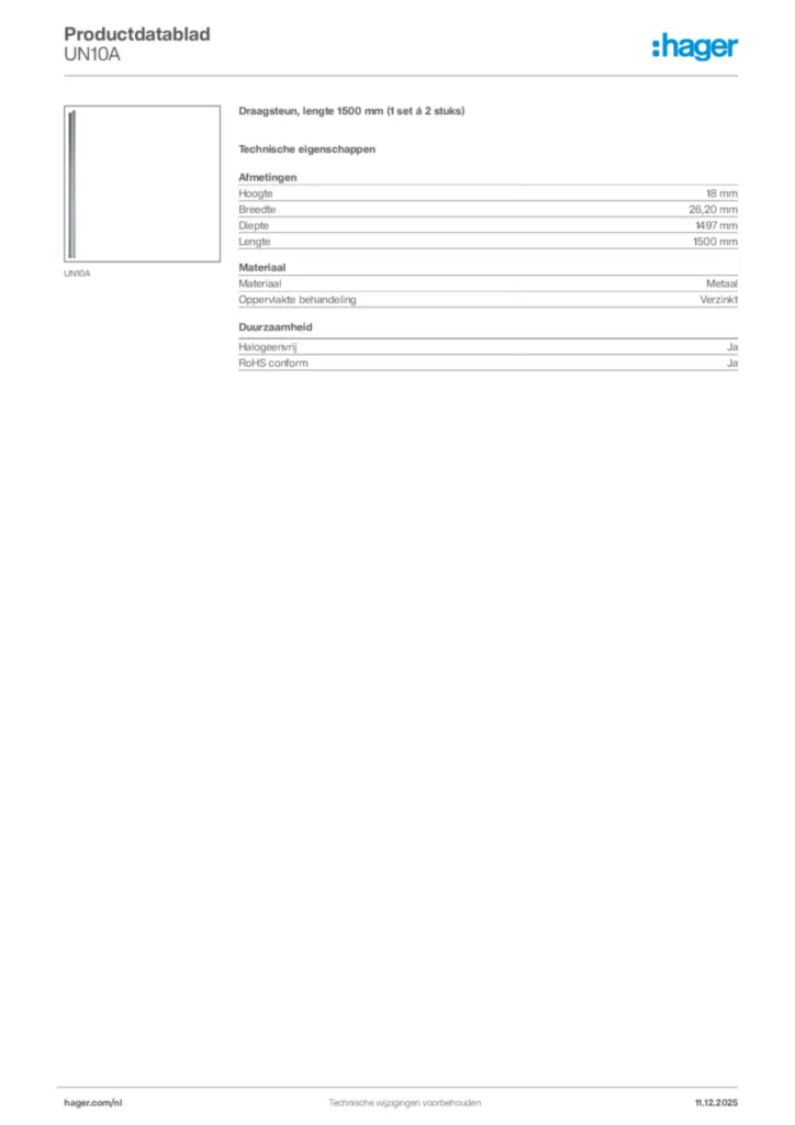 Afbeelding Hager Productdatablad UN10A | Hager Nederland