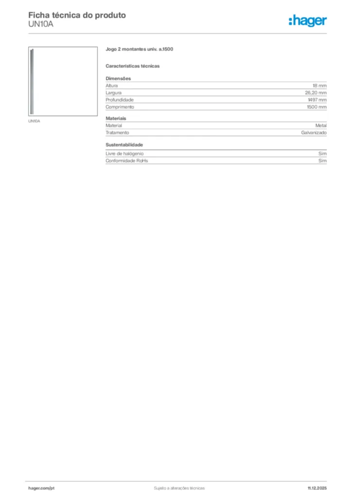 Imagem Hager Ficha técnica do produto UN10A | Hager Portugal