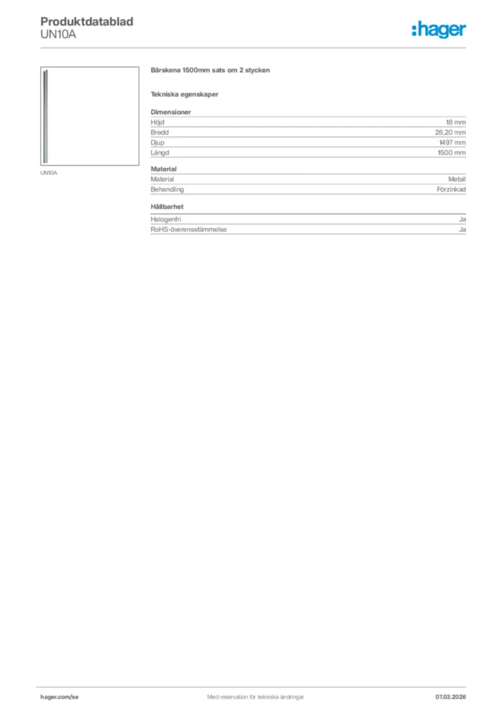 Bild Hager Produktdatablad UN10A | Hager Sverige
