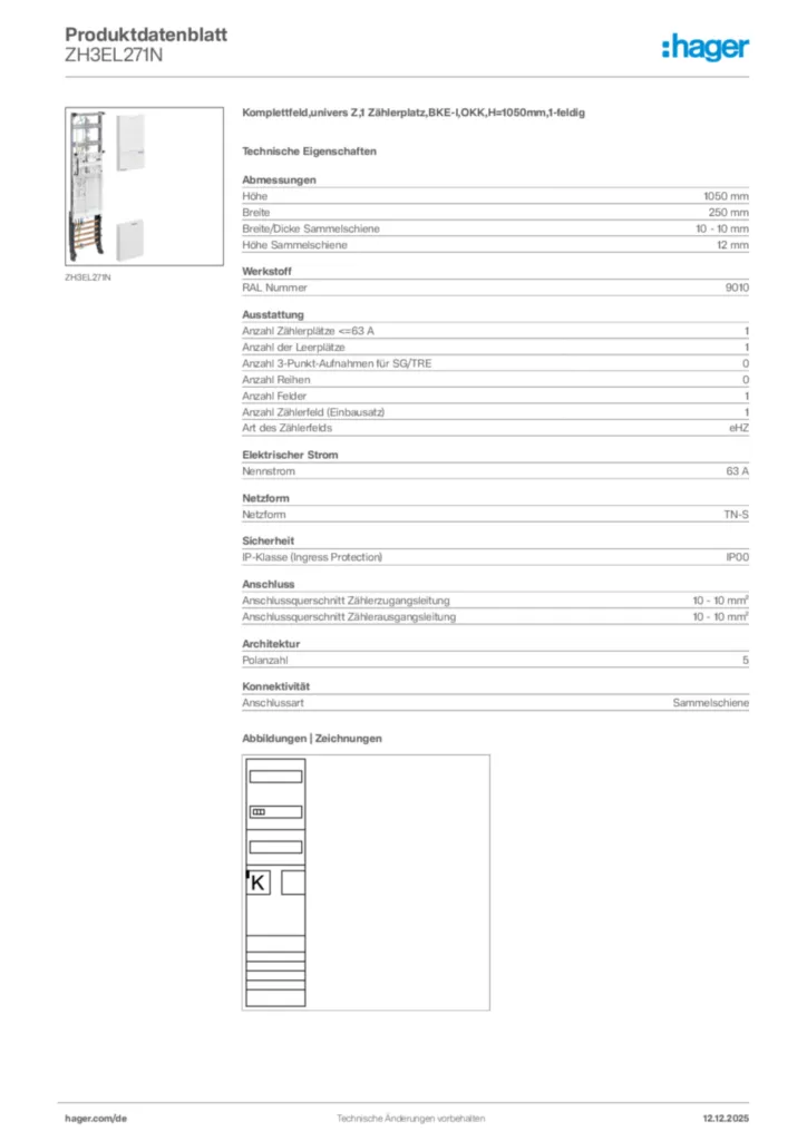 Bild Hager Produktdatenblatt ZH3EL271N | Hager Deutschland