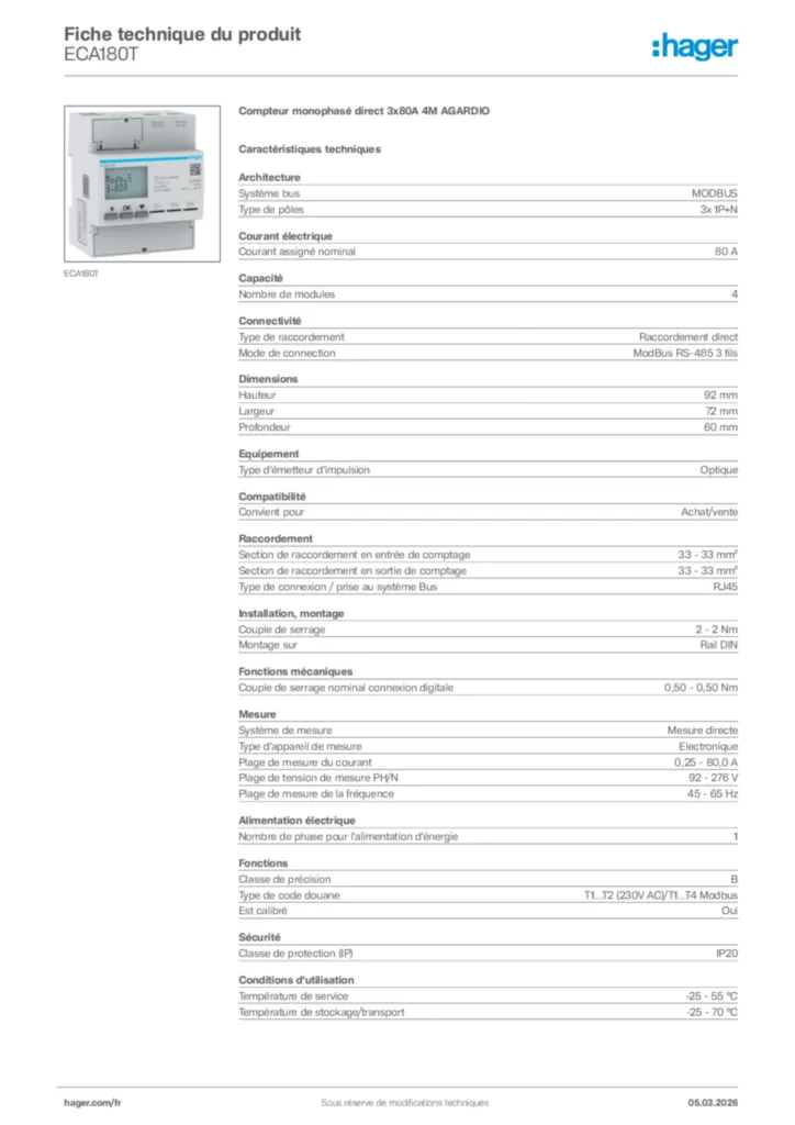Image Hager Fiche technique du produit ECA180T | Hager France