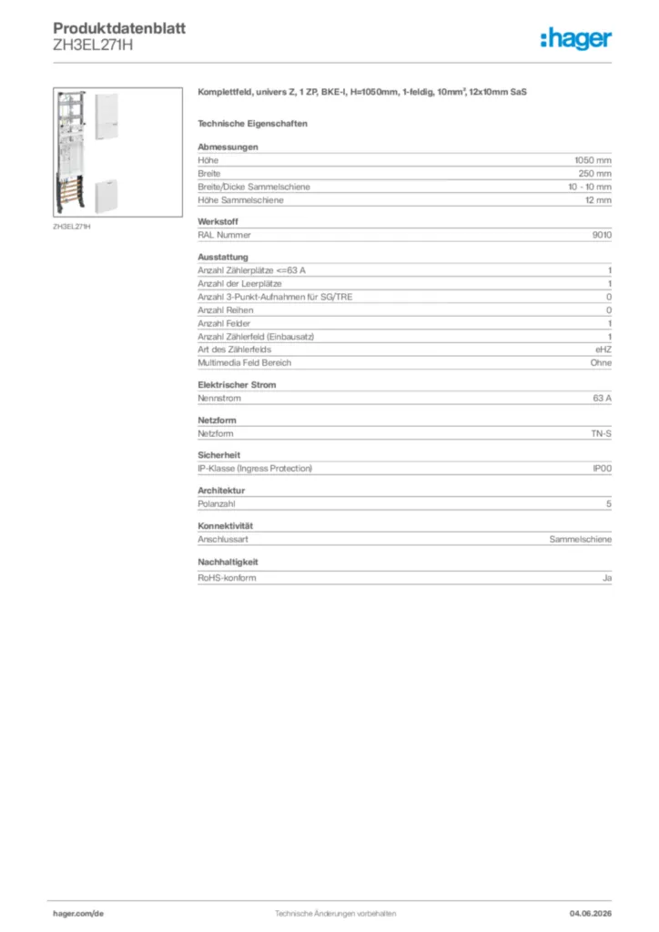 Bild Hager Produktdatenblatt ZH3EL271H | Hager Deutschland