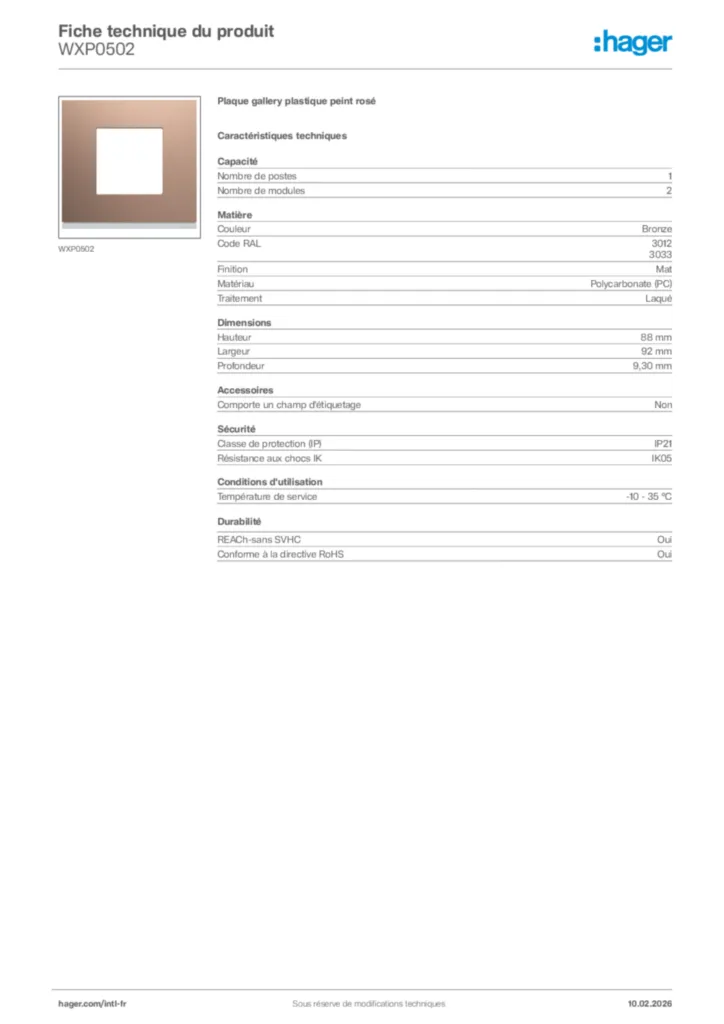 Image Hager Fiche technique du produit WXP0502 | Hager Afrique