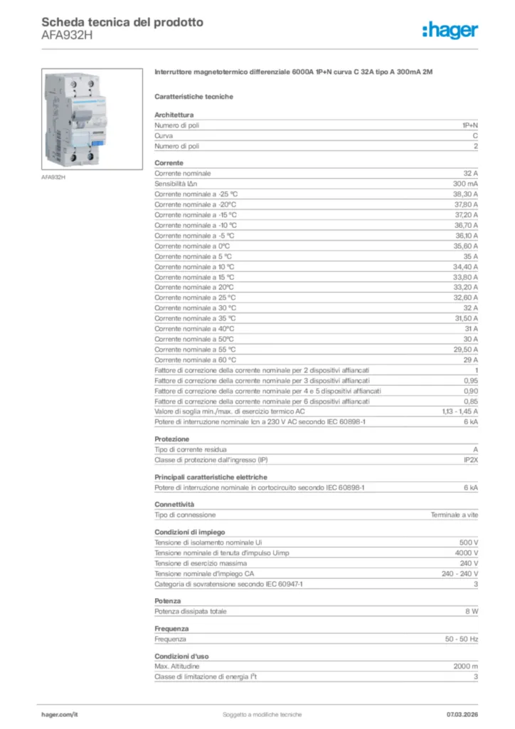 Immagine Hager Scheda tecnica del prodotto AFA932H | Hager Italia
