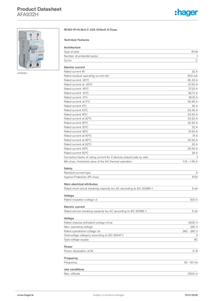Image Hager Product data sheet AFA932H  | Hager