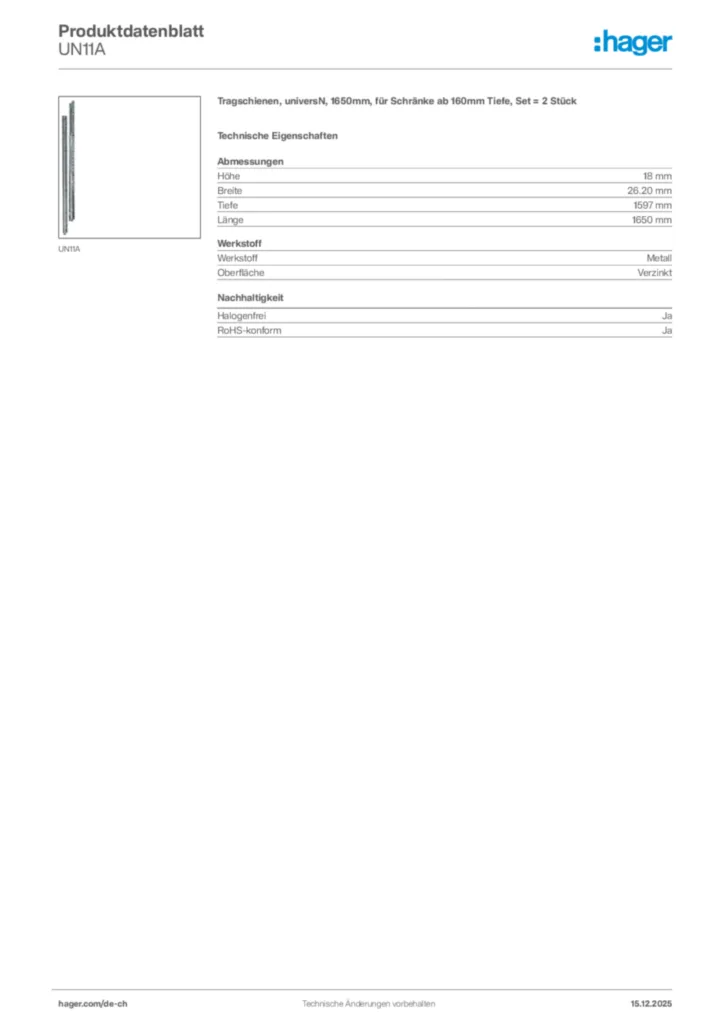 Bild Hager Produktdatenblatt UN11A | Hager Schweiz
