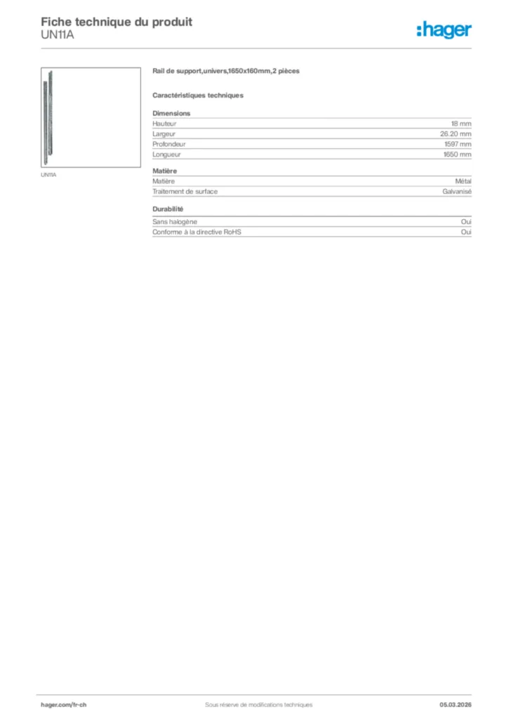 Image Hager Fiche technique du produit UN11A | Hager Suisse
