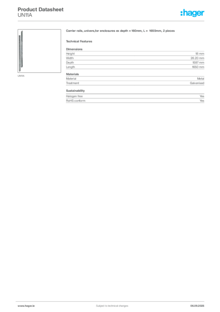 Image Hager Product data sheet UN11A  | Hager