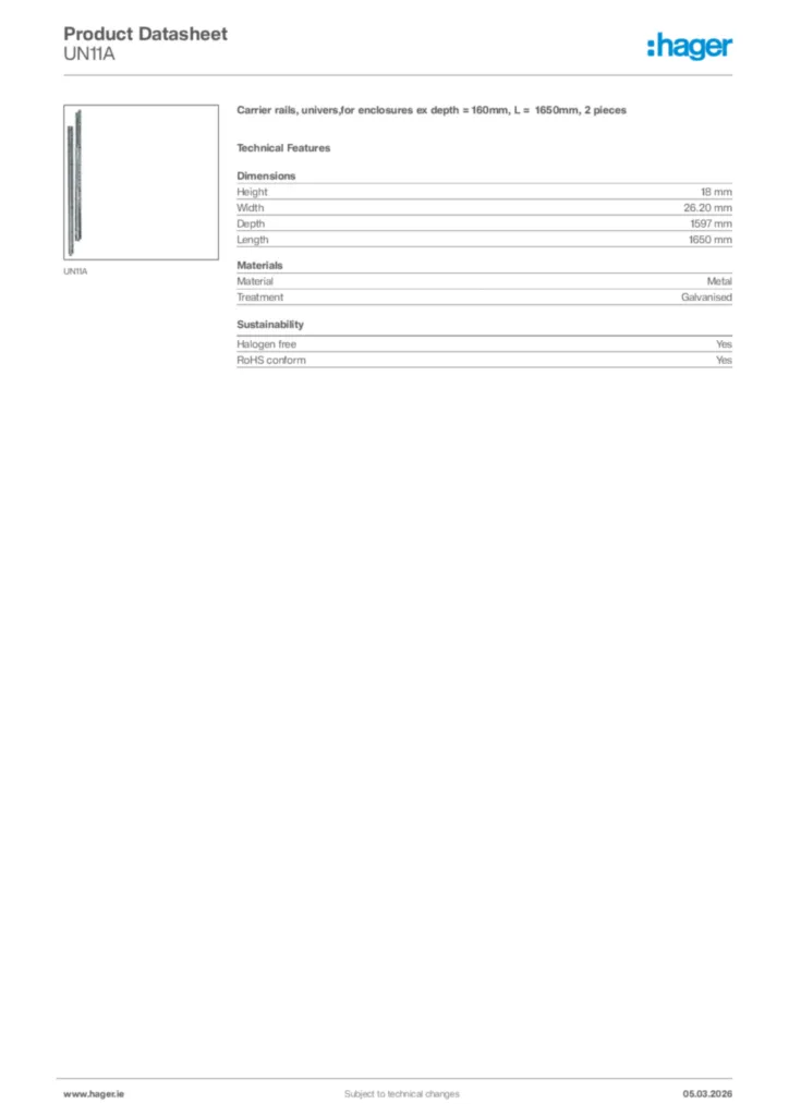 Image Hager Product data sheet UN11A  | Hager