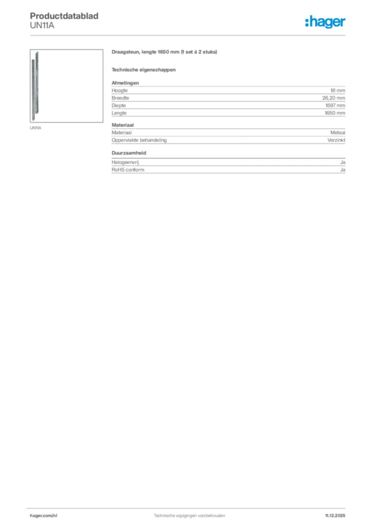 Afbeelding Hager Productdatablad UN11A | Hager Nederland