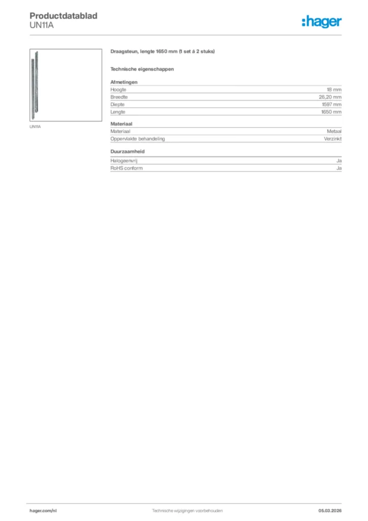 Afbeelding Hager Productdatablad UN11A | Hager Nederland