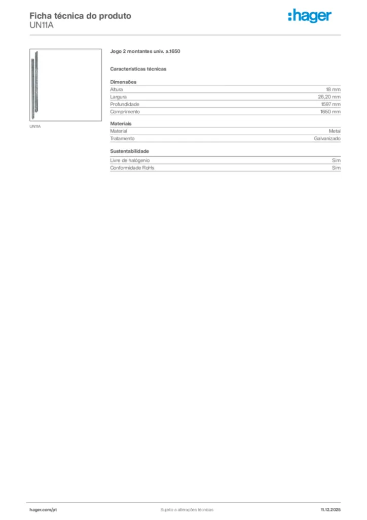 Imagem Hager Ficha técnica do produto UN11A | Hager Portugal