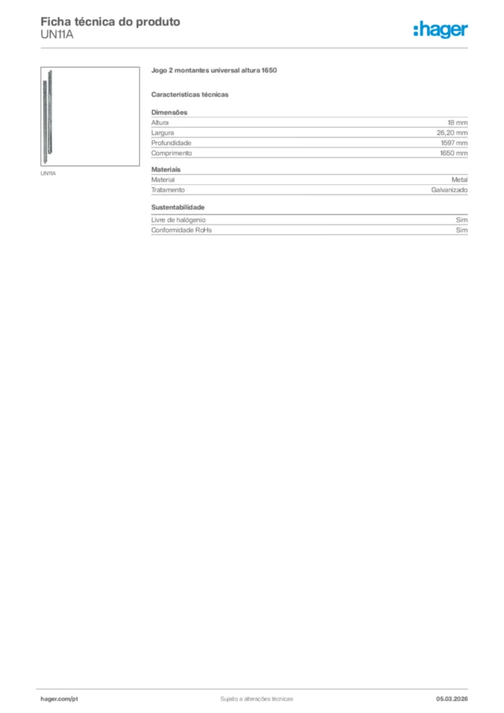 Imagem Hager Ficha técnica do produto UN11A | Hager Portugal