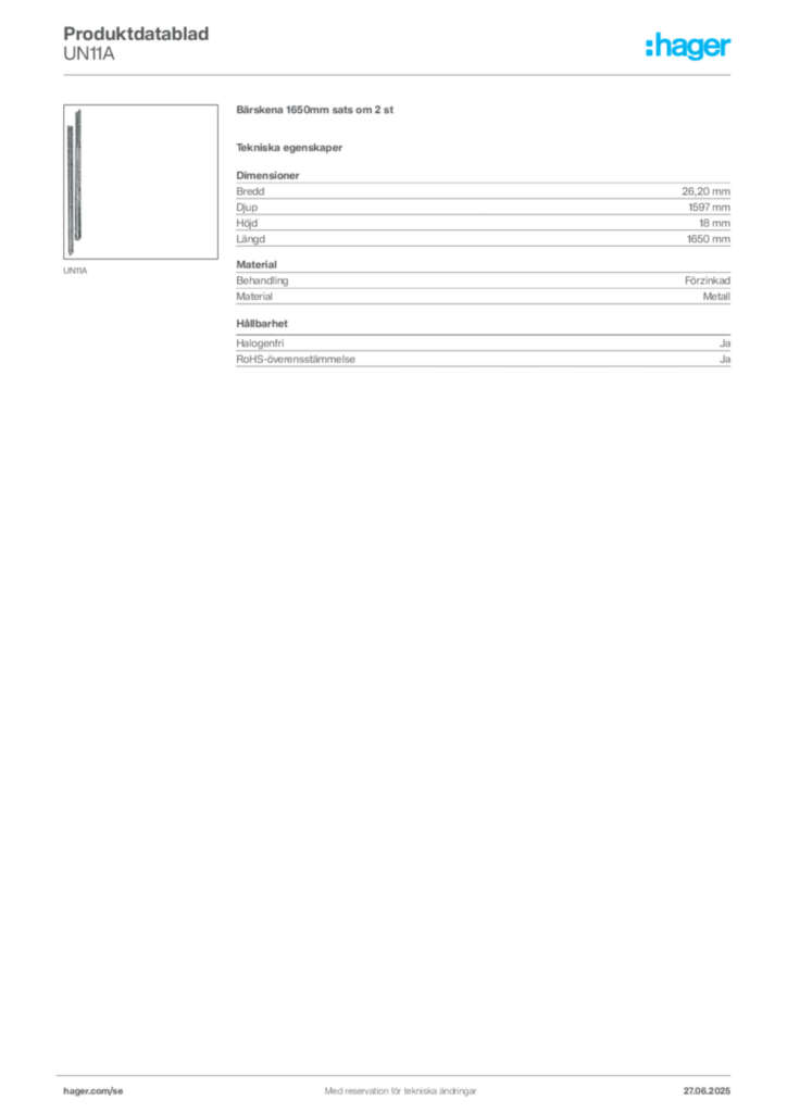 Bild Hager Produktdatablad UN11A | Hager Sverige