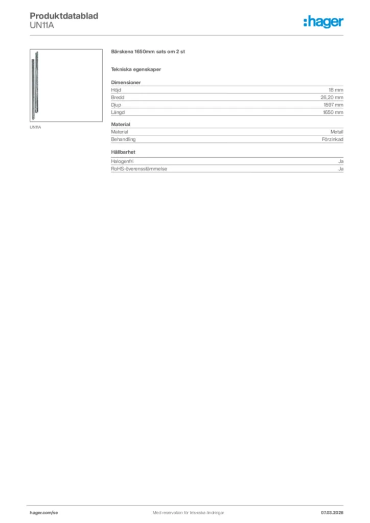 Bild Hager Produktdatablad UN11A | Hager Sverige