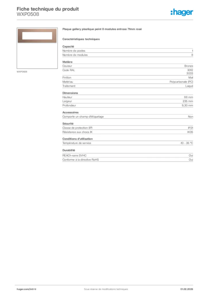 Image Hager Fiche technique du produit WXP0508 | Hager Afrique