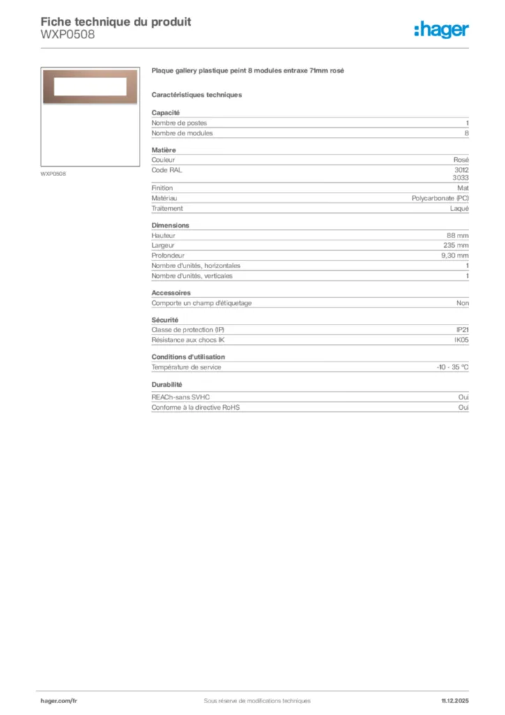 Image Hager Fiche technique du produit WXP0508 | Hager France