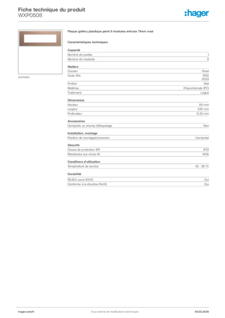 Image Hager Fiche technique du produit WXP0508 | Hager France