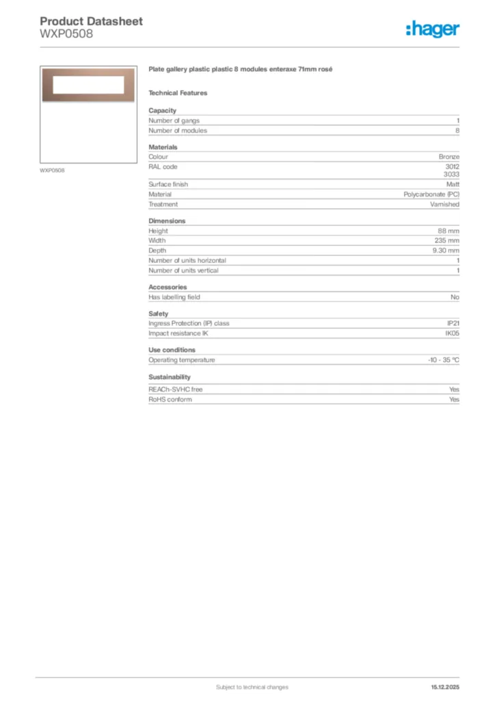 Image Hager Product data sheet WXP0508  | Hager