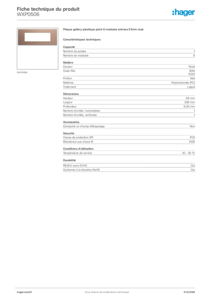 Image Hager Fiche technique du produit WXP0506 | Hager France