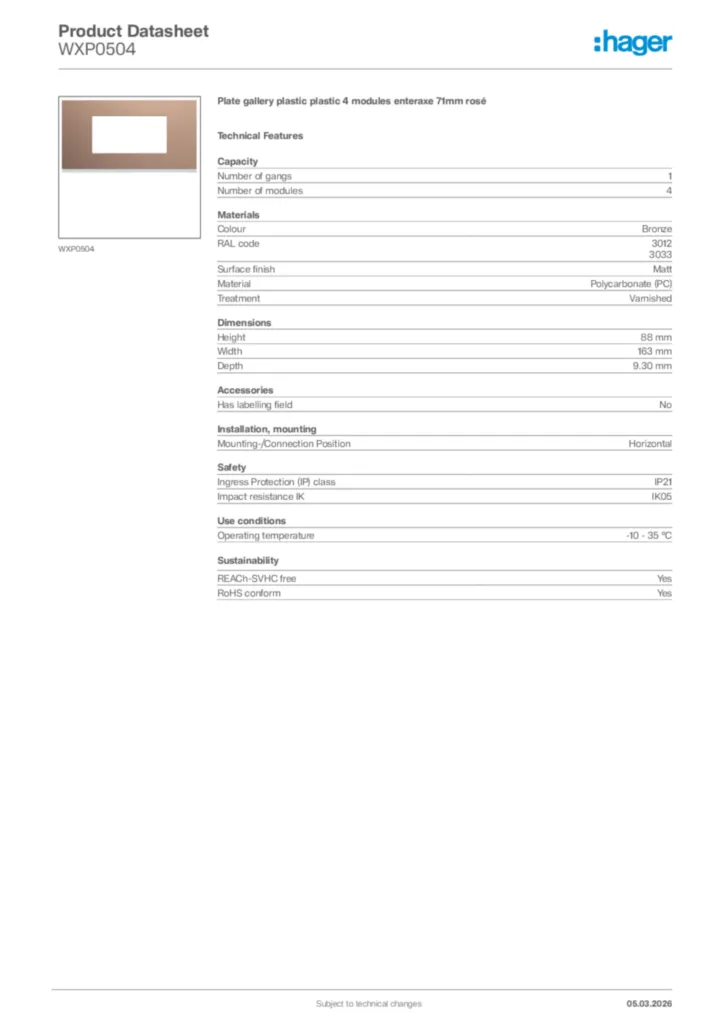 Image Hager Product data sheet WXP0504  | Hager Africa