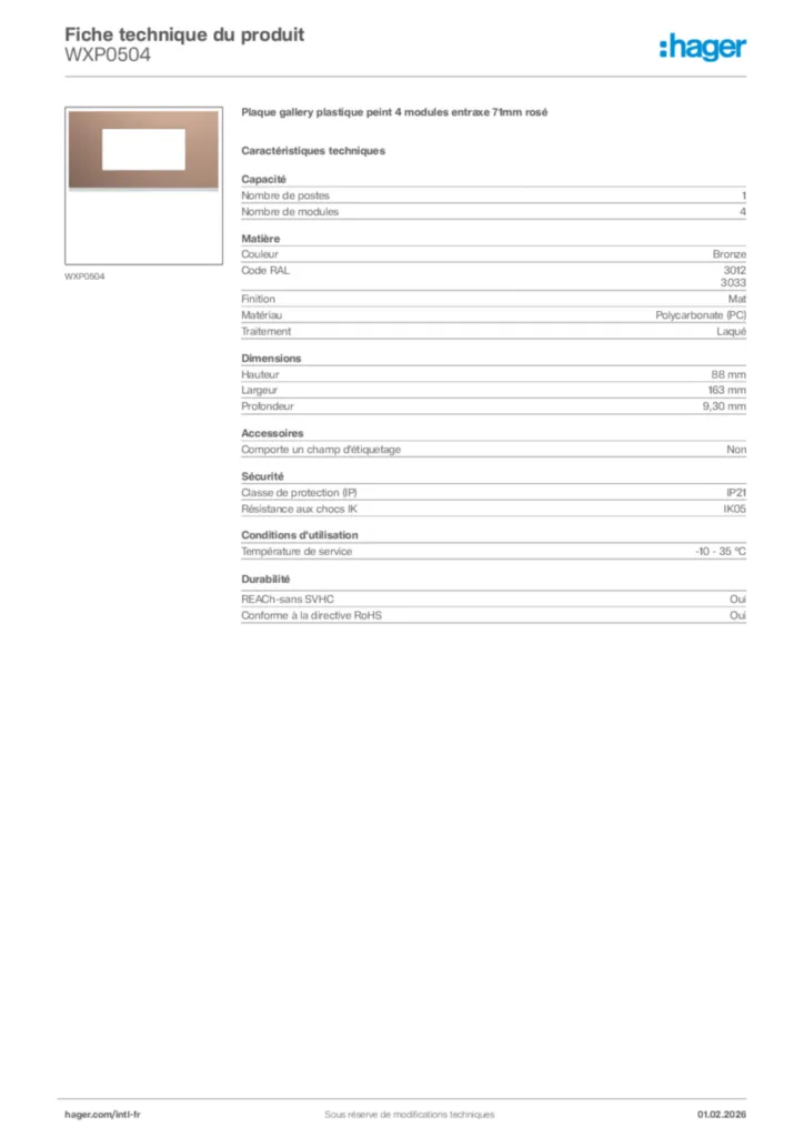 Image Hager Fiche technique du produit WXP0504 | Hager Afrique