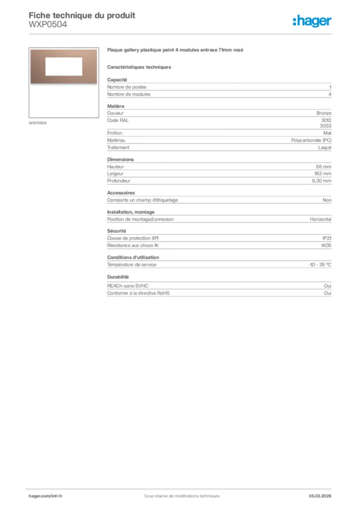 Image Hager Fiche technique du produit WXP0504 | Hager Afrique