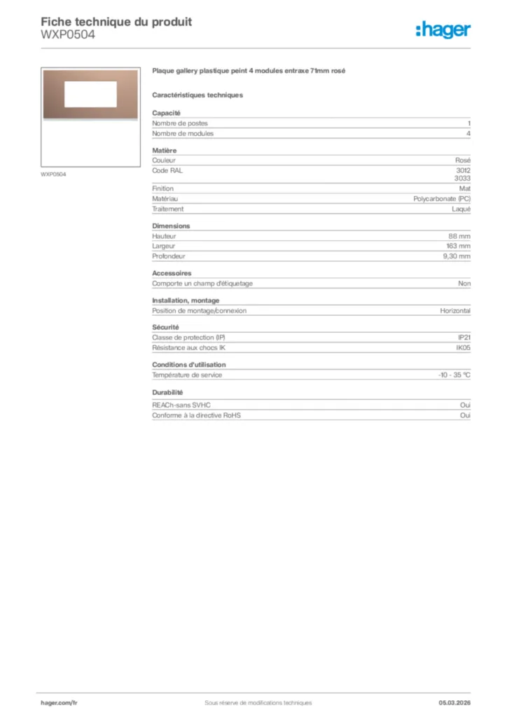 Image Hager Fiche technique du produit WXP0504 | Hager France