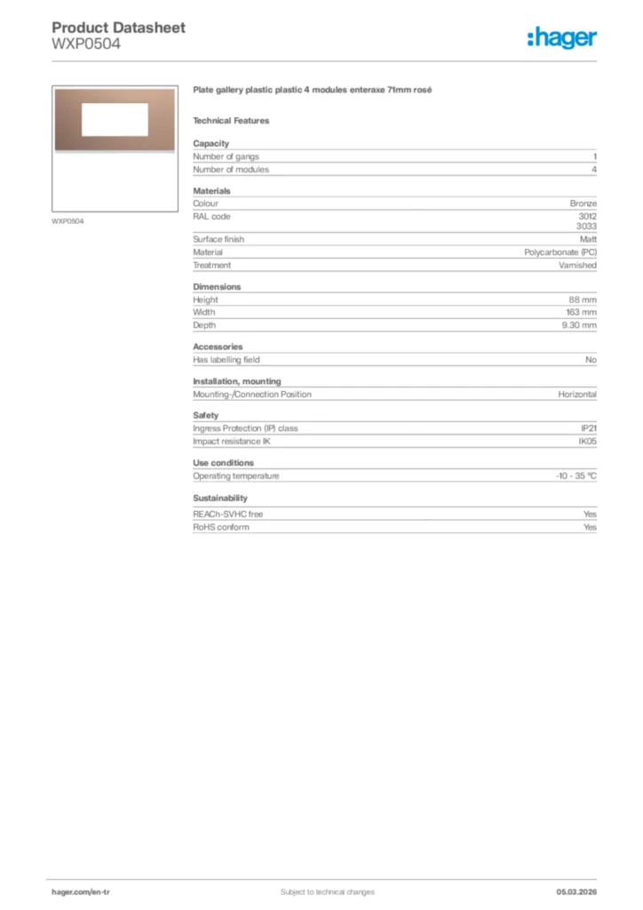 Image Hager Product data sheet WXP0504  | Hager