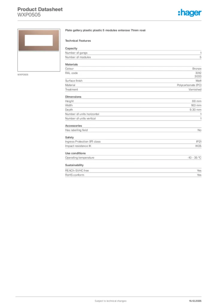Image Hager Product data sheet WXP0505  | Hager Africa