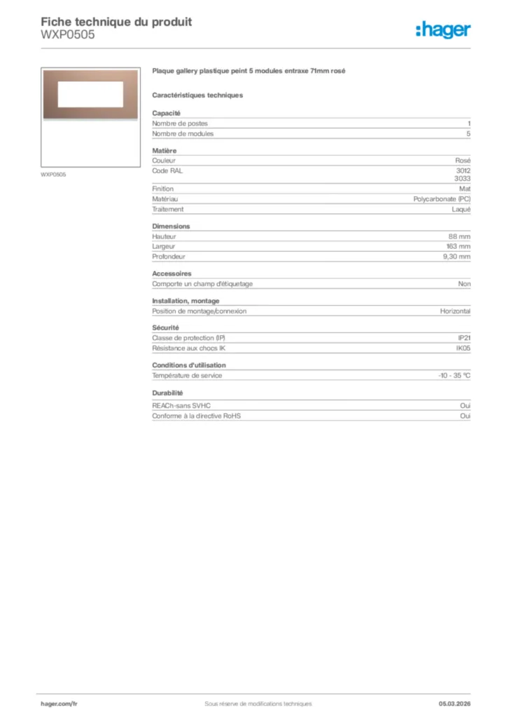 Image Hager Fiche technique du produit WXP0505 | Hager France