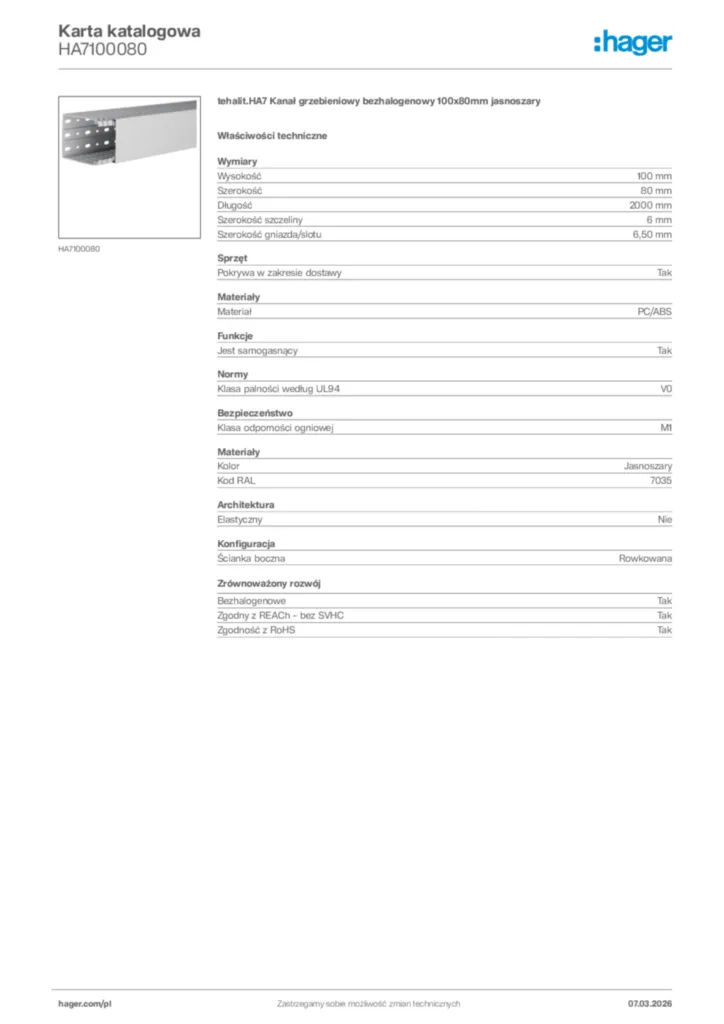 Zdjęcie Hager Karta katalogowa HA7100080 | Hager Polska