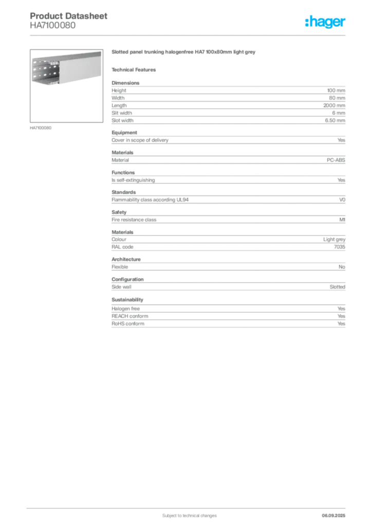 Image Hager Product data sheet HA7100080  | Hager