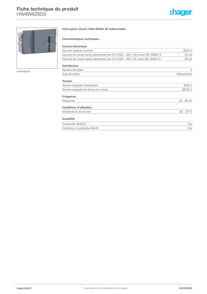 Image Hager Fiche technique du produit HW4W425DS | Hager France