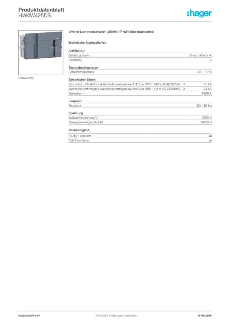 Bild Hager Produktdatenblatt HW4W425DS | Hager Schweiz