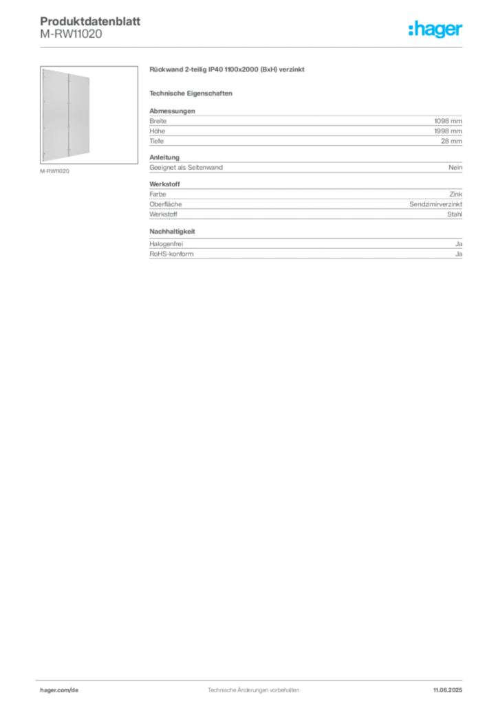 Bild Hager Produktdatenblatt M-RW11020 | Hager Deutschland