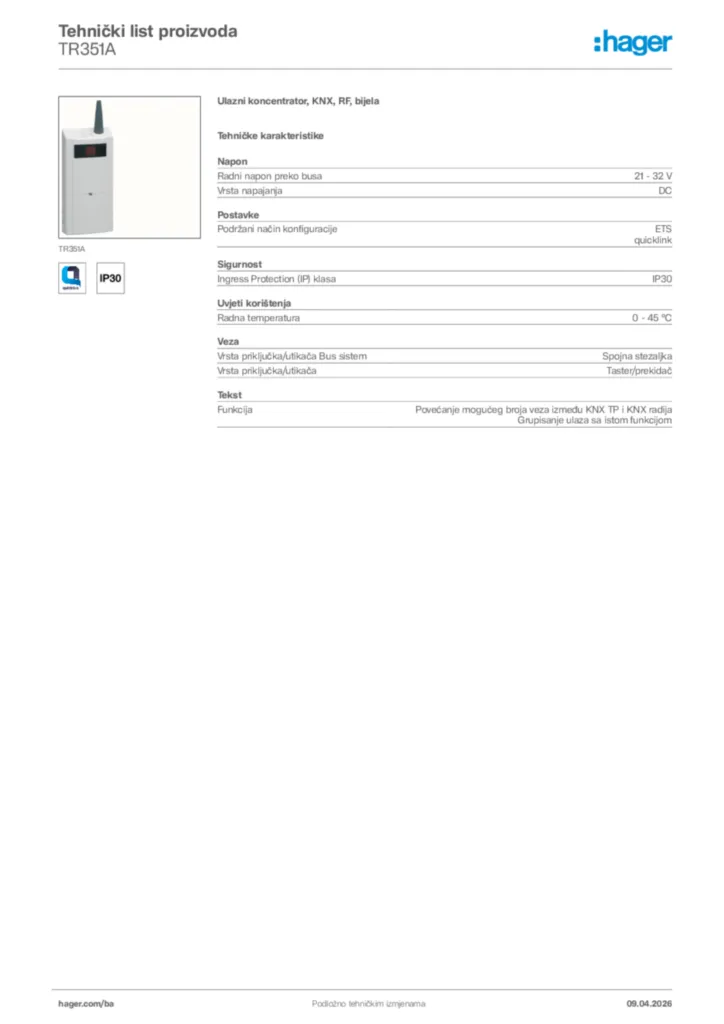 Slika Hager Tehnički list proizvoda TR351A  | Hager