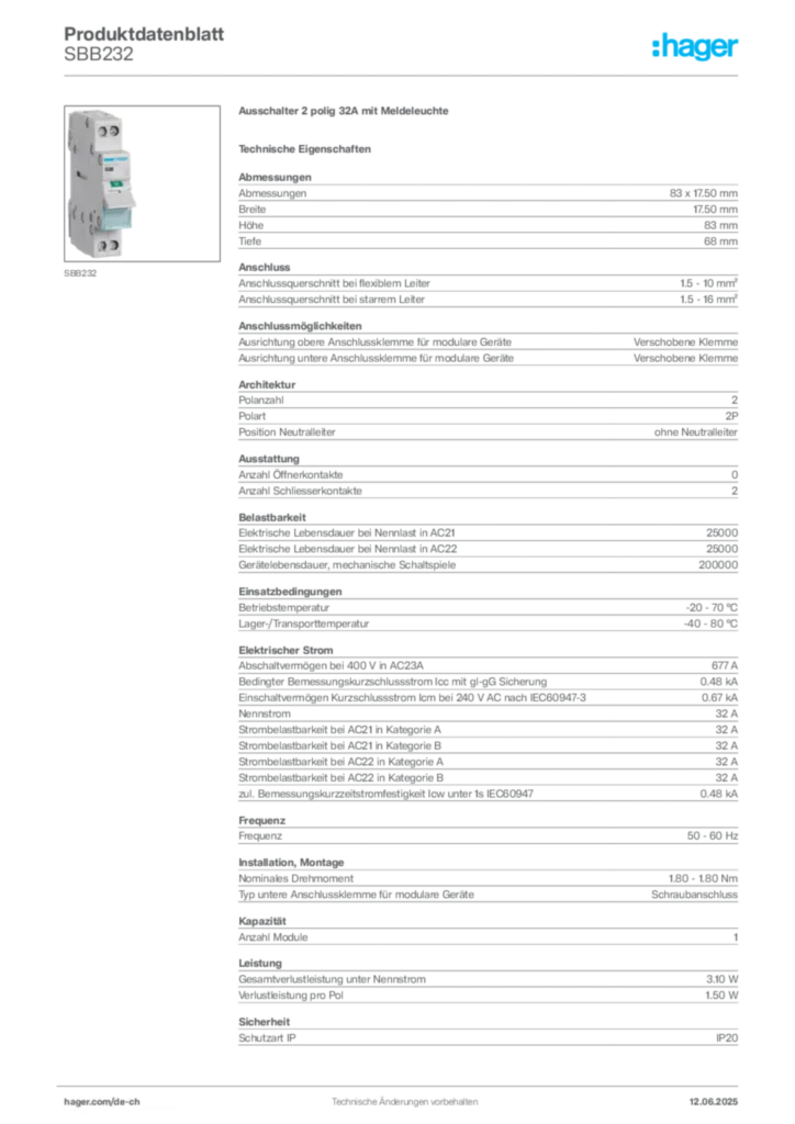 Bild Hager Produktdatenblatt SBB232 | Hager Schweiz