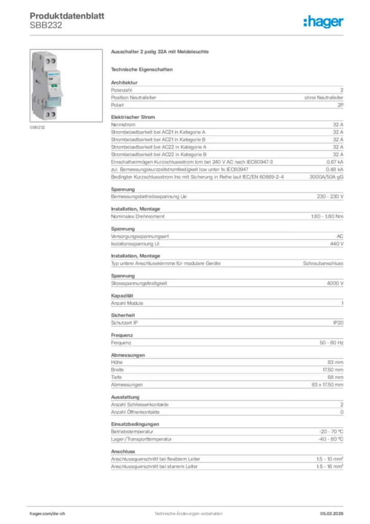 Bild Hager Produktdatenblatt SBB232 | Hager Schweiz
