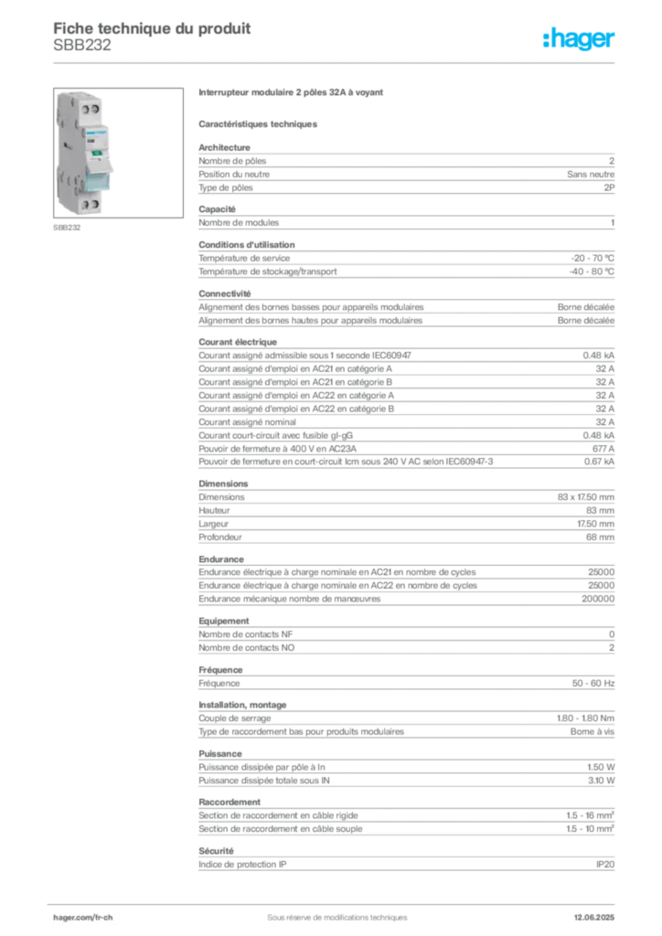 Image Hager Fiche technique du produit SBB232 | Hager Suisse
