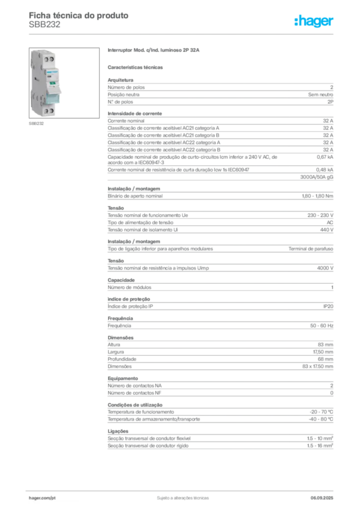 Imagem Hager Ficha técnica do produto SBB232 | Hager Portugal