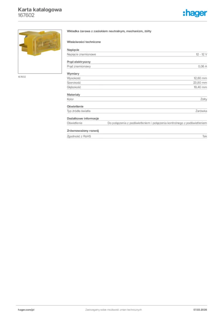 Zdjęcie Hager Karta katalogowa 167602 | Hager Polska