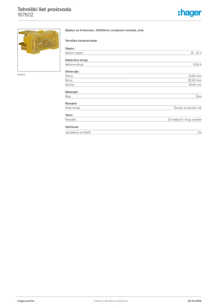 Slika Hager Tehnički list proizvoda 167602  | Hager
