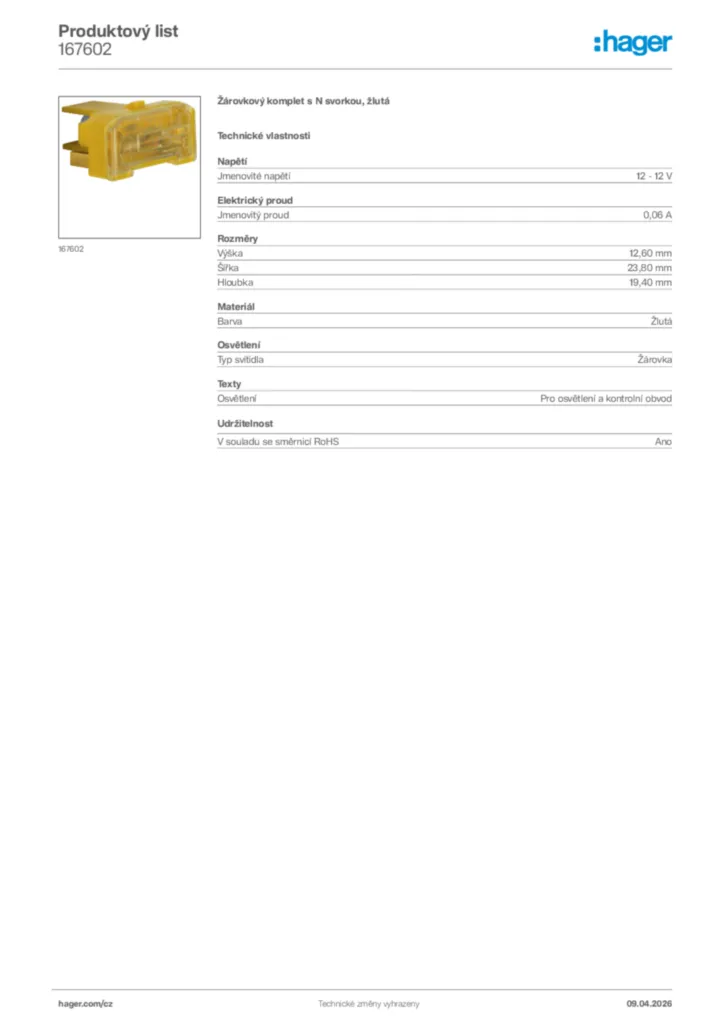 Obrázek Hager Product data sheet 167602 | Hager